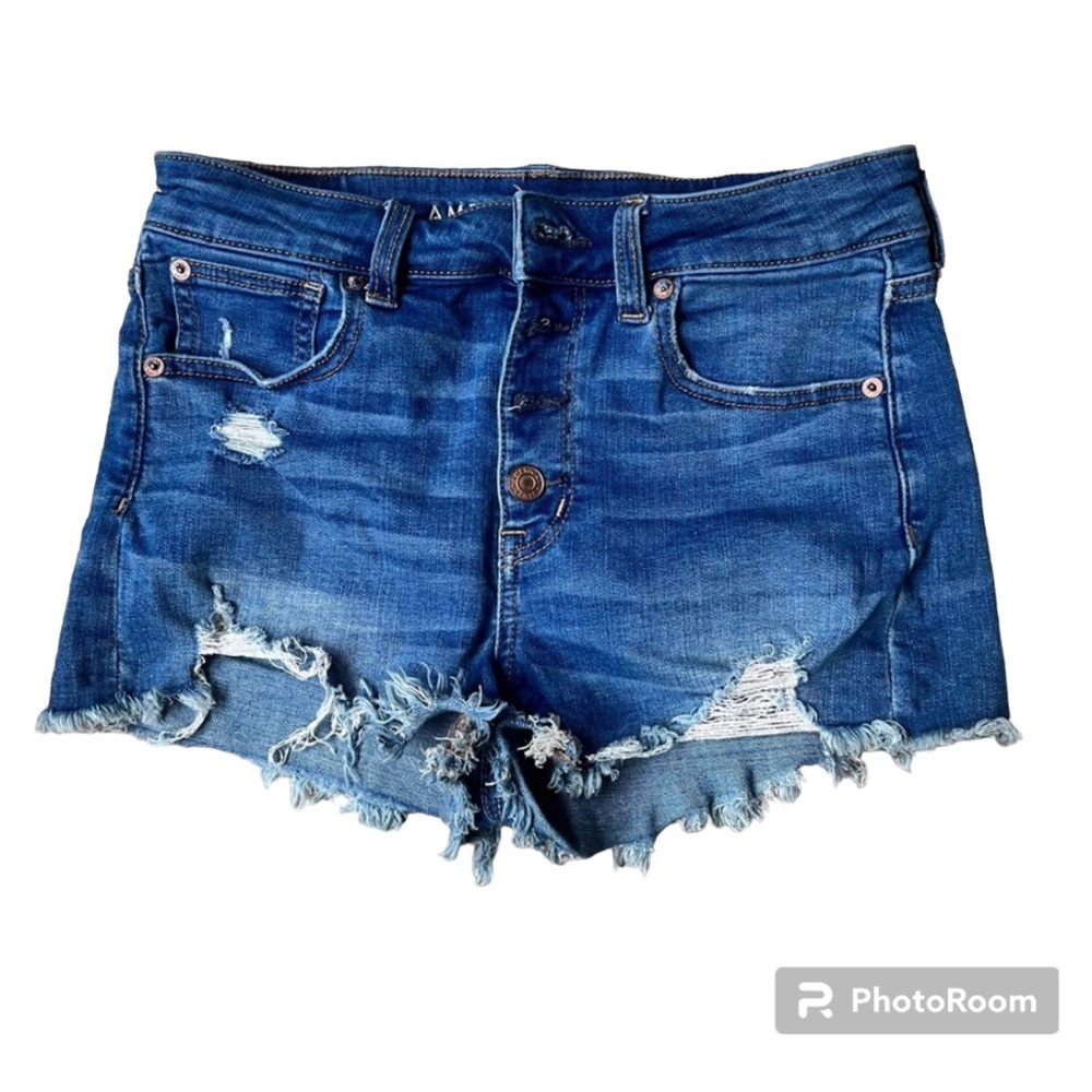 American Eagle Hi-Rise Shortie Shorts Super Stretch Distressed Button Fly size 4